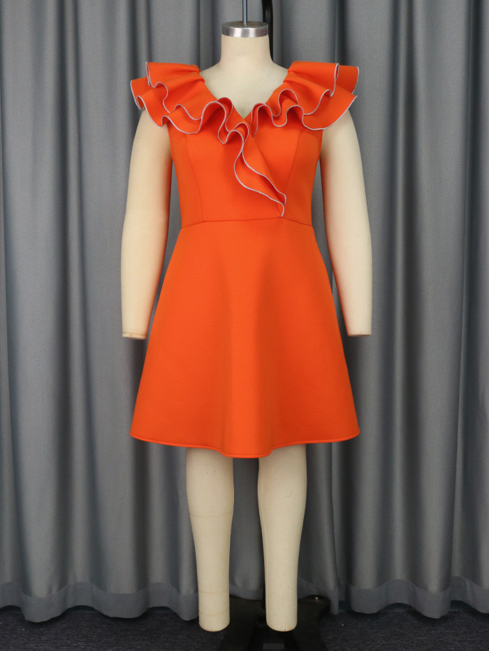 Women Summer V-neck Sleeveless Lotus Leaf Dress