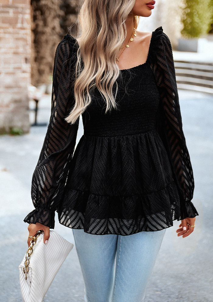 Women Solid Color Square Neck Long Sleeve Shirt