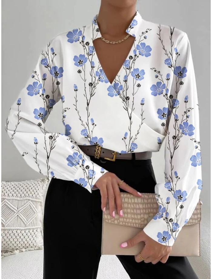Women's Autumn Long Sleeve V Neck Patchwork Shirt