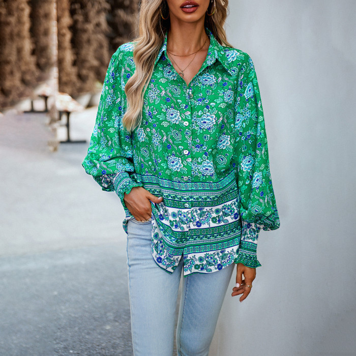 Printed Shirt Women Autumn Winter Holidays Casual Long Sleeve Top