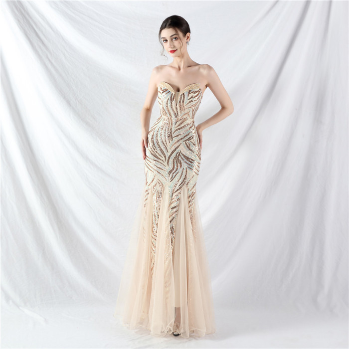 Sequin Mesh Patchwork Strapless Mermaid Evening Dress