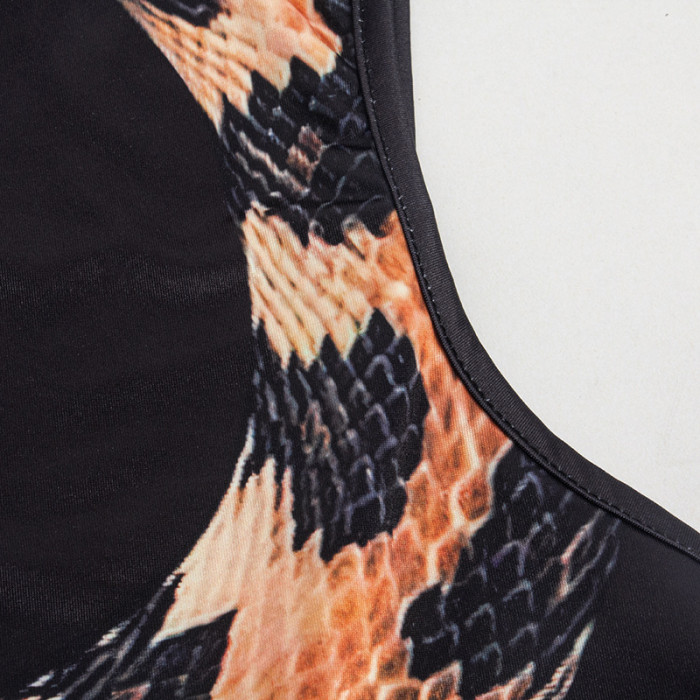 Summer Round Neck Sleeveless Snake Print Hollow Split Long Dress