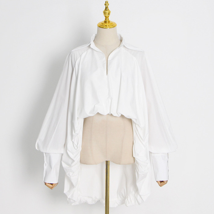 Fall Turndown Collar Balloon Sleeve Long Cuff Pleated Solid Color Irregular Women's Open Waist Shirt