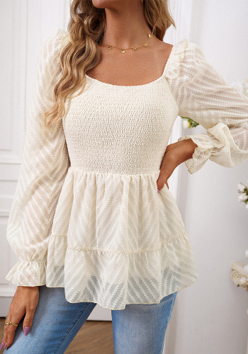 Women Solid Color Square Neck Long Sleeve Shirt