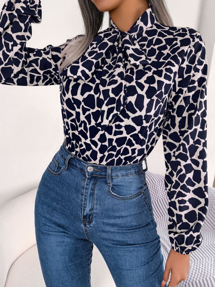Chic color contrast tie lantern sleeve chiffon shirt top