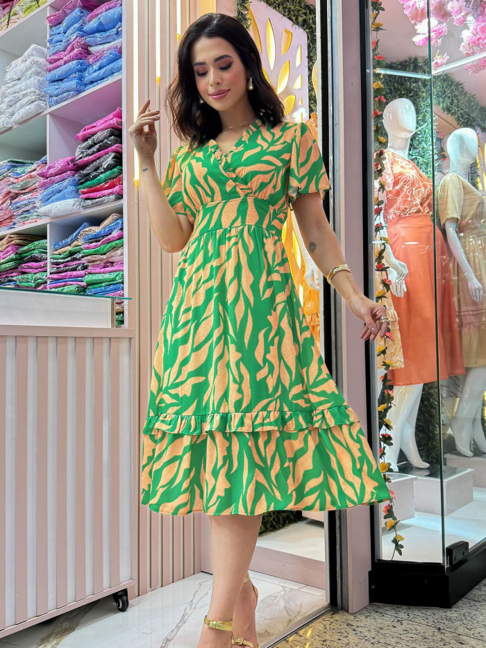 Women Ruffle V Neck Short Sleeve Slim Waist Chic Midi Dress