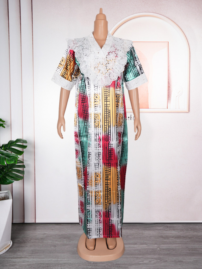 Muslim Women's Lace Patchwork Printing Robe Africa Plus Size Dress