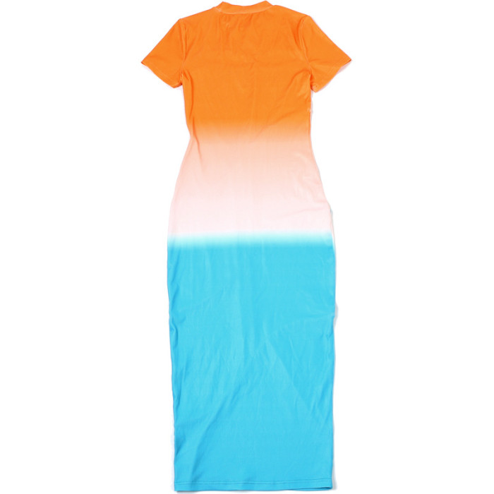 Summer Women's Fashion Contrast Short-sleeved Hollow Sexy Slim Long Dress
