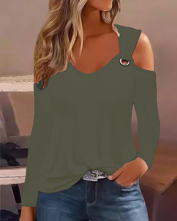 Women Autumn Metal Button V-Neck Shirt