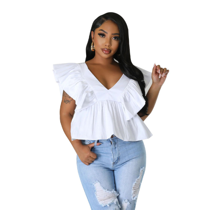 Women's V-Neck Low Back Tie Fly Sleeve Printed Top