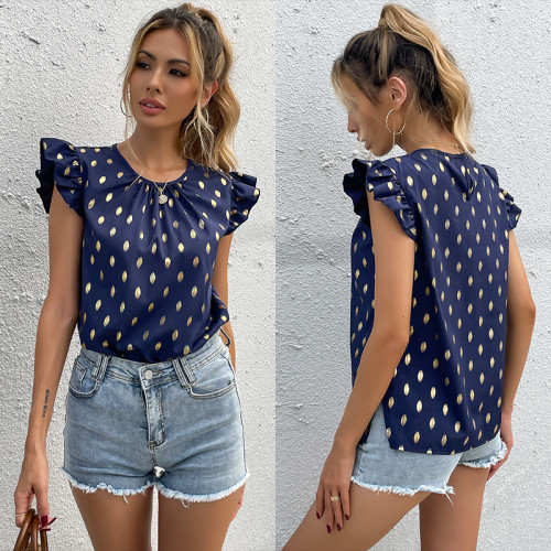 Women's Summer Tops Short Sleeve Round Neck Ruffle Fly Sleeve Polka Dot Shirt