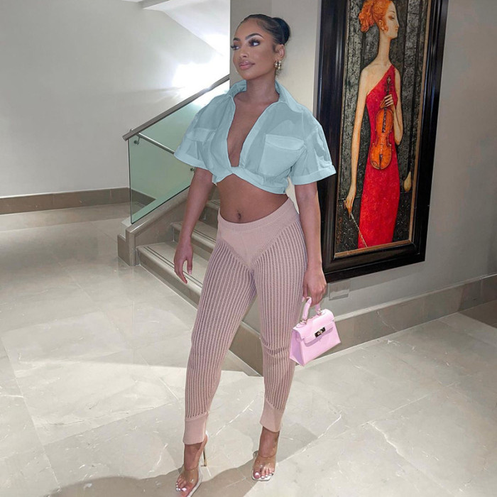 WomenSexy Knot Solid Polo Collar Crop Shirt