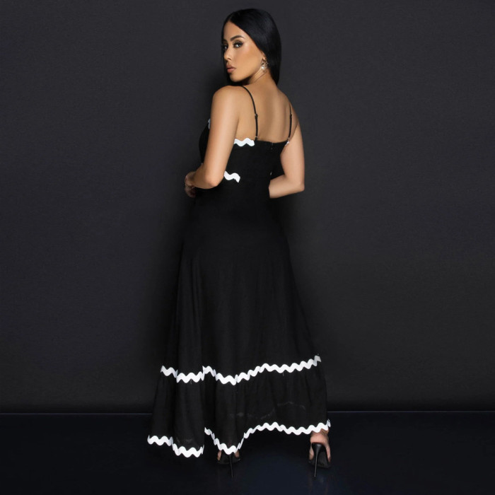 Women Strap Solid Wave Ribbon Patchwork Solid Strap Dress