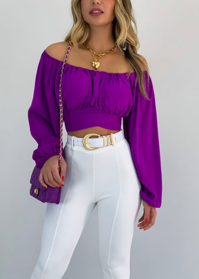 Top Women's Solid Color Lantern Sleeve Off Shoulder Sexy Puff Sleeve Crop Shirt