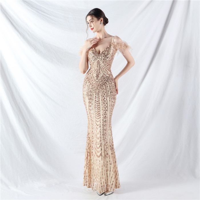 Strap V-Neck Feather Formal Party Evening Dress