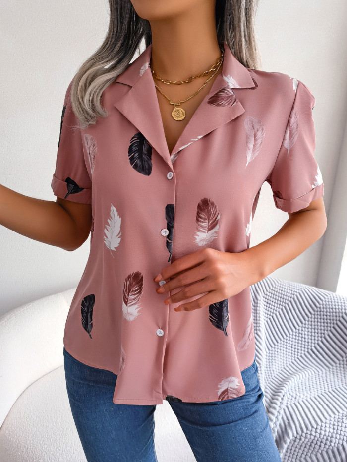 Women Summer Turndown Collar Feather Loose Short Sleeve Shirt
