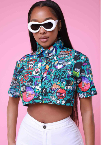 Women's Casual Style Print Turndown Collar Short Sleeve Shirt Top