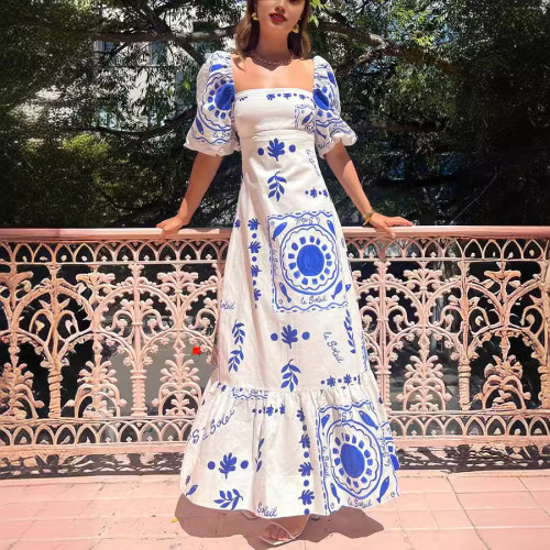 Women Casual Off Shoulder Printed lantern sleeve dress