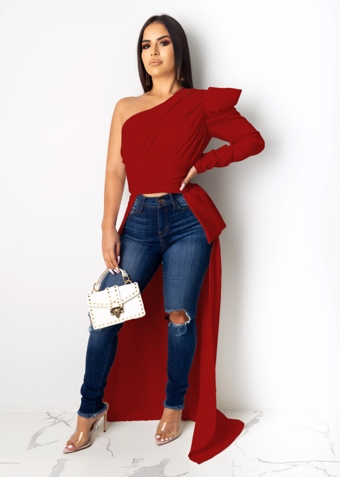 Summer Women Sexy Irregular One Shoulder Long Sleeve Solid Top