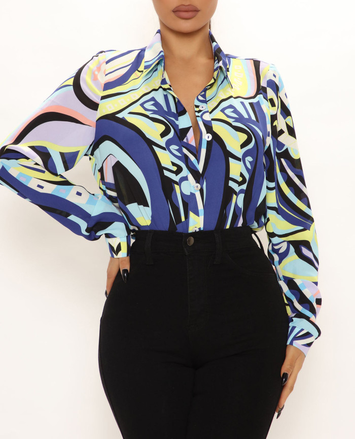 Women's Spring Summer Long Sleeve Shirt Women's Digital Printing Top