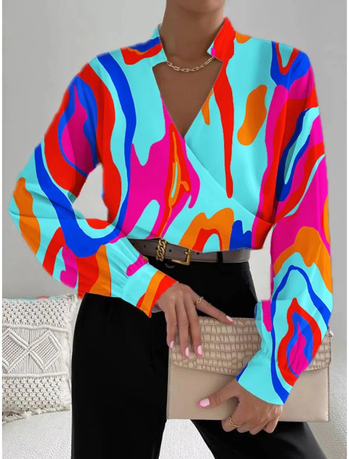 Women's Autumn Long Sleeve V Neck Patchwork Shirt
