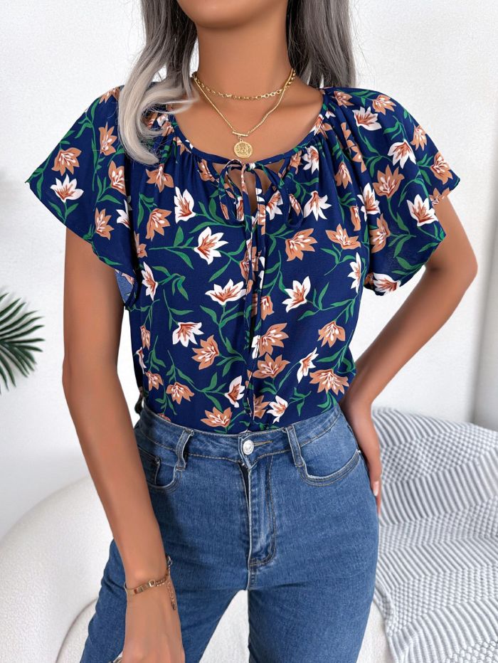Women Casual Loose Ruffle Tie Chiffon Top