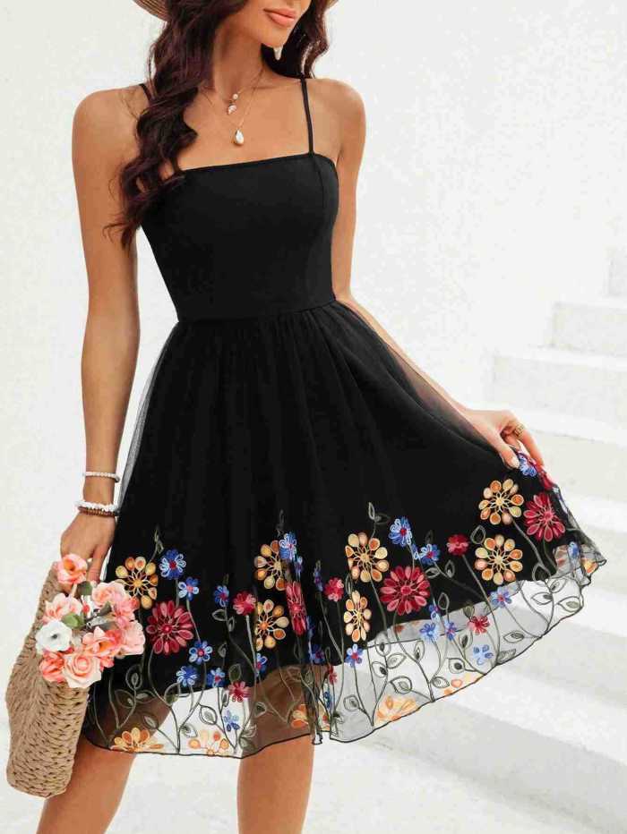 Women Elegant Solid Mesh Embroidered Dress