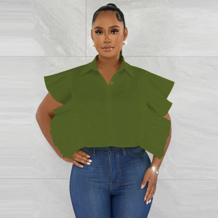 Women Solid Turndown Collar Ruffle Sleeve Shirt