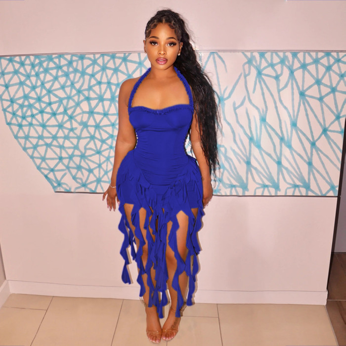 Solid color tassel Halter Neck women's fashion dress
