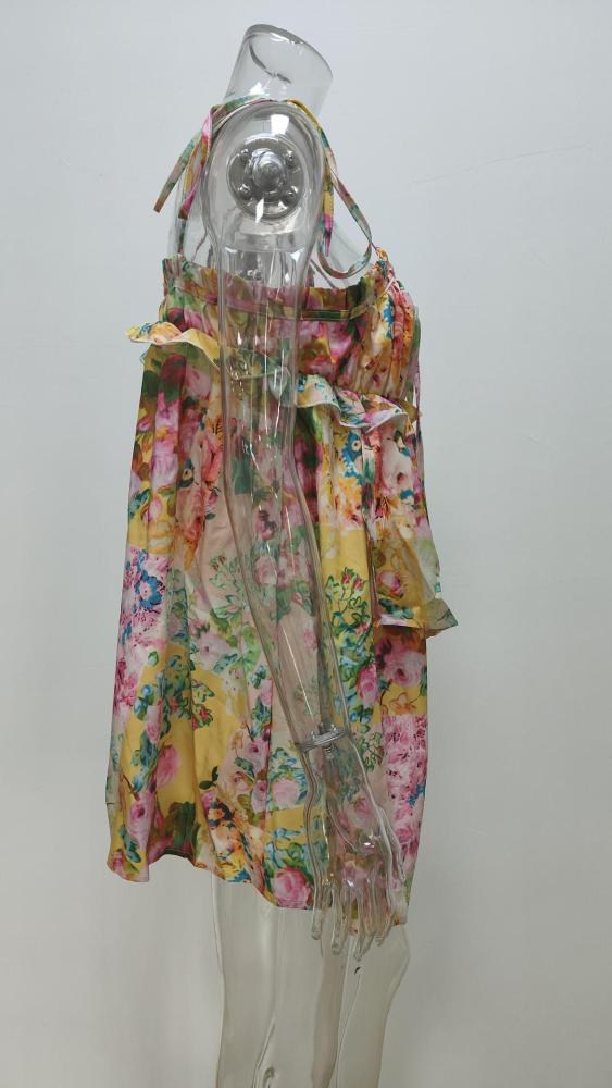 Summer Women chic print tie ruffle dress