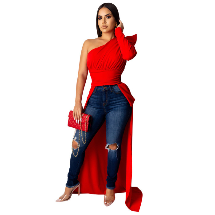 Summer Women Sexy Irregular One Shoulder Long Sleeve Solid Top