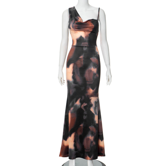 Women's Summer Chic Elegant Print Slim High Waist Fishtail Long Dress