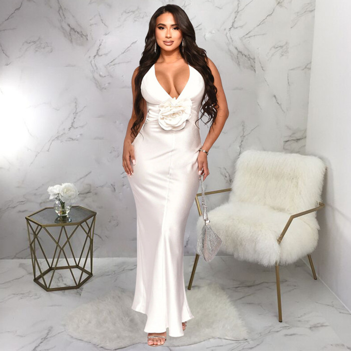 Women Elegant flower V-Neck sleeveless dress