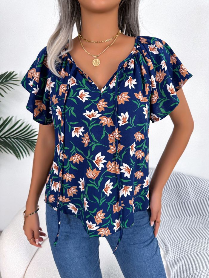 Women Casual Loose Ruffle Tie Chiffon Top
