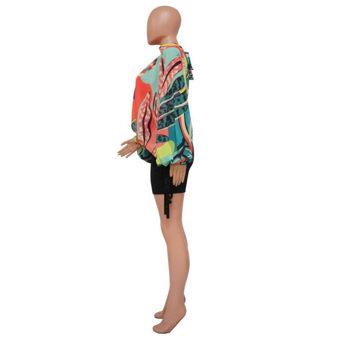 Women's Summer Lace-Up Printed Chiffon Shirt Bat Sleeves Top
