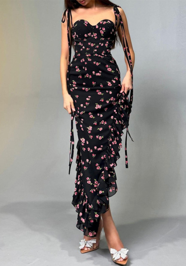 Women Summer Printed Sexy Mesh Lace-up Dress