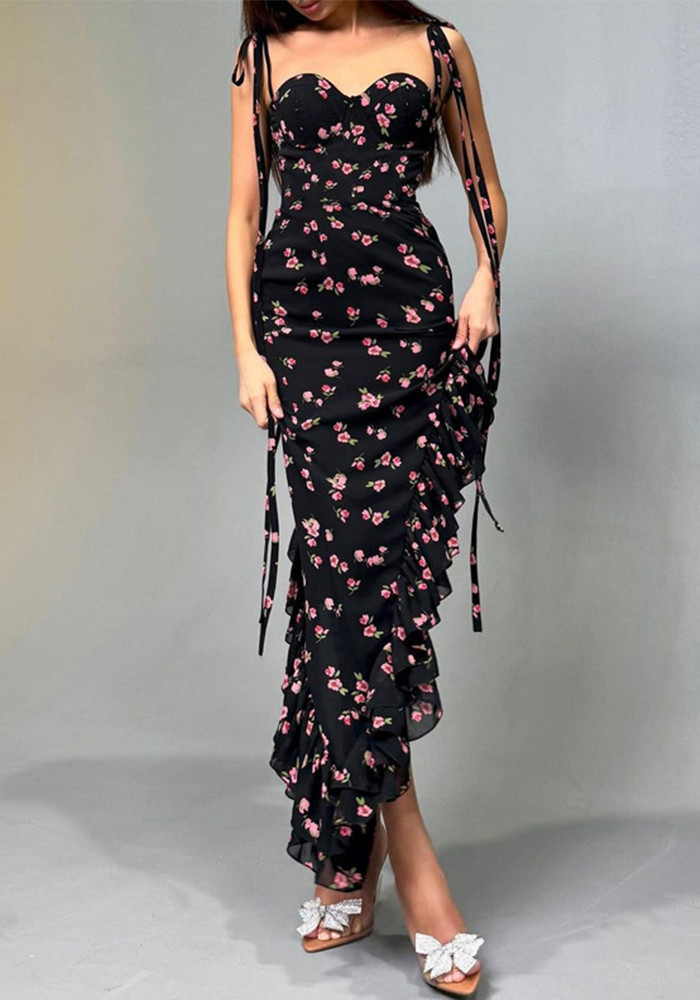 Women Summer Printed Sexy Mesh Lace-up Dress