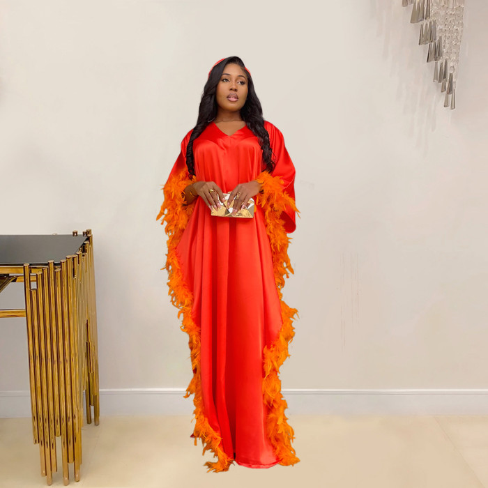 Women Feather V-neck Maxi Dress