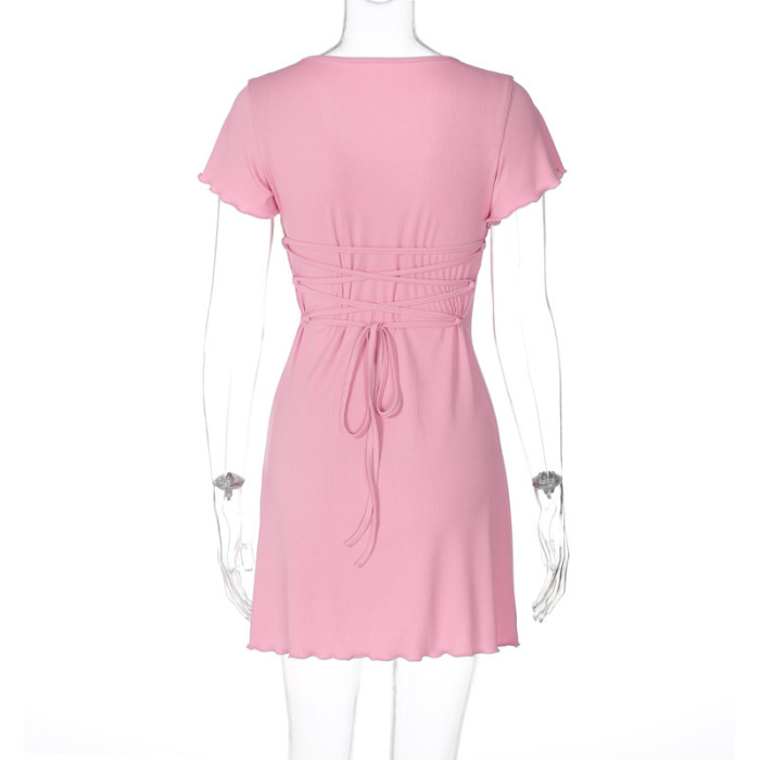 Women Summer Solid Wave Edge Short Sleeve Dress