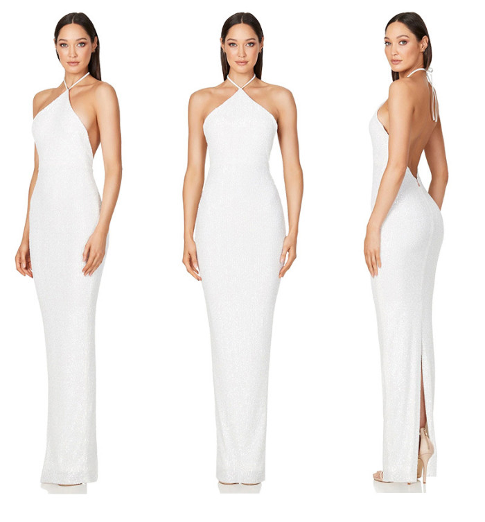 Women sleeveless French split sequin party Evening Dress