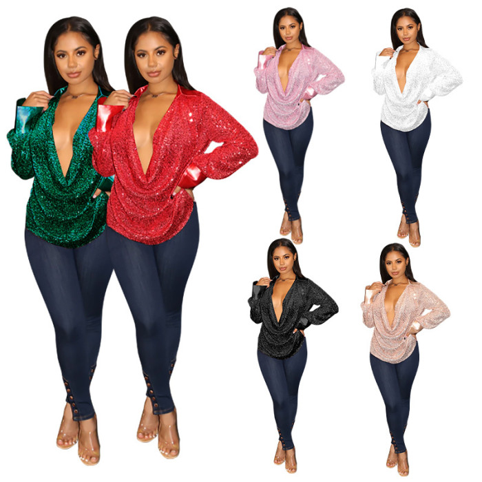 Women's Deep V Pleated Loose Ladies Chic Sequin Long Sleeve Shirt