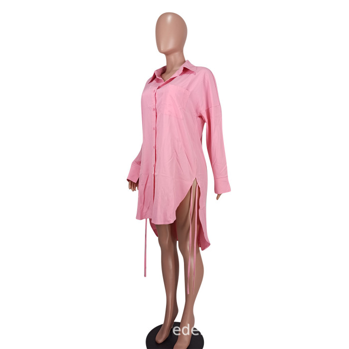 Women's Fashion Casual Solid Color Drawstring Long Shirt