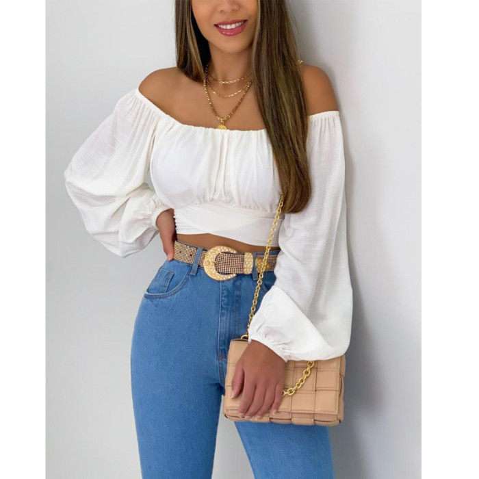 Top Women's Solid Color Lantern Sleeve Off Shoulder Sexy Puff Sleeve Crop Shirt