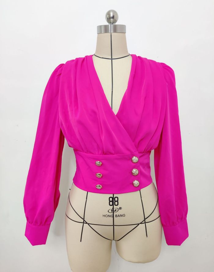 Women's V-Neck Sexy Long-Sleeved Short Slim Waist Puff Sleeve Solid Color Pleated Shirt