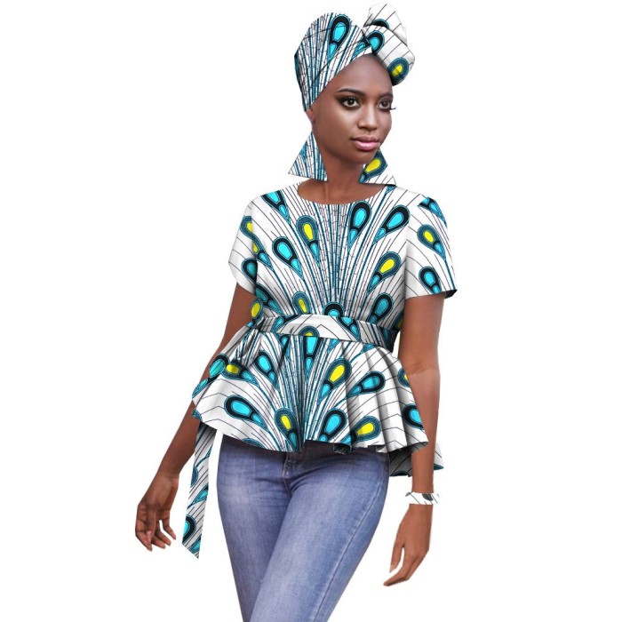African Batik Printed Full Cotton Ladies Top + Turban + Earrings + Bracelet