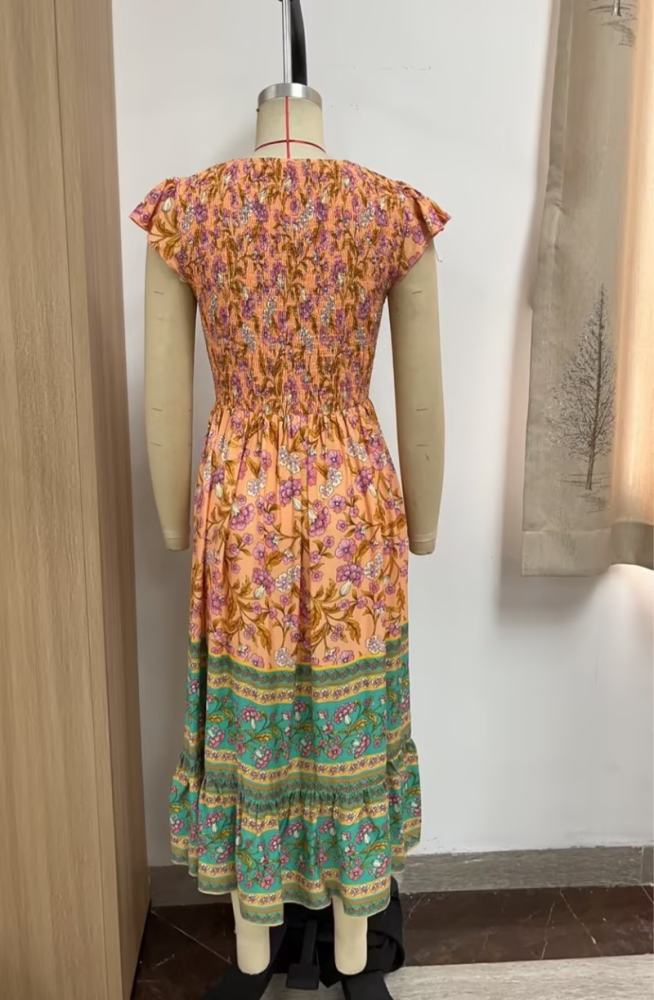 Women Summer Casual Printed V-Neck Flying Sleeve Bohemian Dress