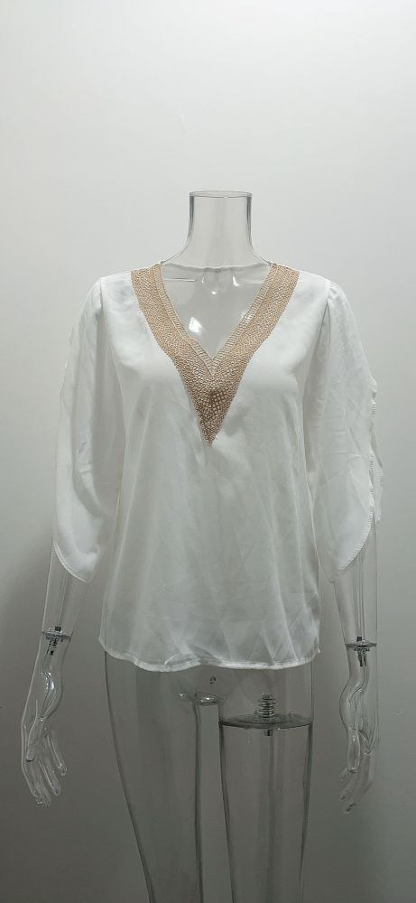 Spring Summer v-neck lace solid color top Chic short-sleeved chiffon shirt
