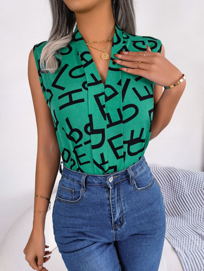 Women Casual Career Letter V-Neck chiffon Top