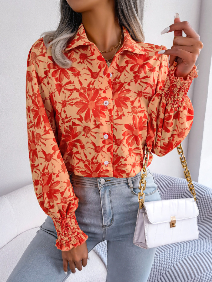 Women Casual Balloon Sleeve Contrasting Floral Turndown Collar Shirt