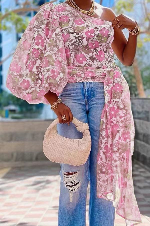 Women Sexy Print Single Sleeve Bell Bottom Sleeve Top
